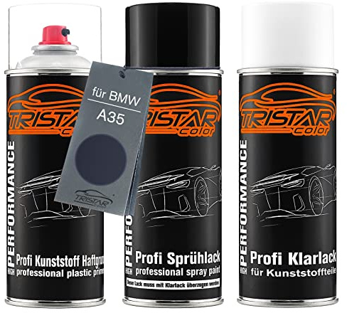 TRISTARcolor Autolack Spray Set Kunststoff für BMW A35 Monacoblau Metallic | Sprühdosen-Set für Stoßstange/Plastik, Kunststoff-Haftgrund + Basislack + Klarlack