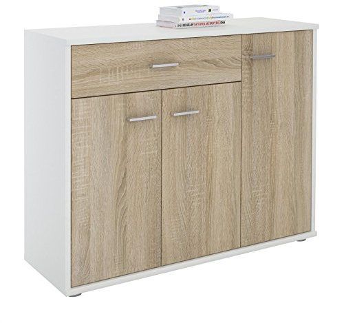 CARO-Möbel Sideboard Estelle Mehrzweckschrank,weiß/Sonoma Eiche mit 3 Türen und 1 Schublade, 88 cm breit