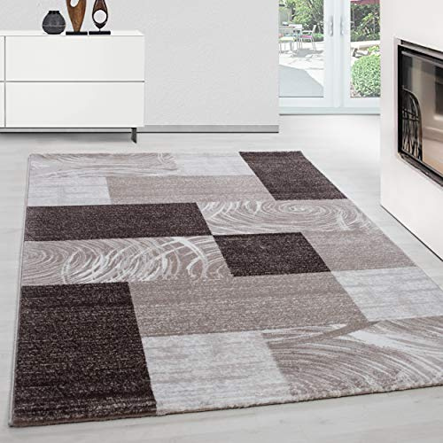 Teppium Moderner Kurzflor Teppich Läufer Flur 80 x 300 cm Braun - Teppich Waschbar, Abstrakt Kariert Design, Pflegeleicht und Weich - Ideal als Bettvorleger im Schlafzimmer und Küchenläufer