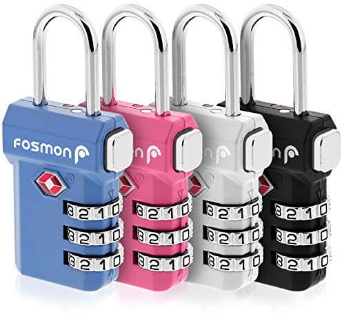 Fosmon - Cadenas de voyage TSA de qualité supérieure | Pour valise, sac, sac à dos et valise | Code à 3 chiffres | Alliage de zinc inoxydable | Avec indicateur d'ouverture | Lot de 4 : bleu + rose +