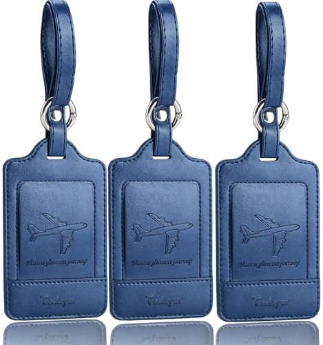 Teskyer Kofferanhänger, 3 Stück - langlebig, weich, Auffällig, Schutz der Privatsphäre, PU-Leder, Kofferanhänger Flugreise, Travel Essentials, Blau