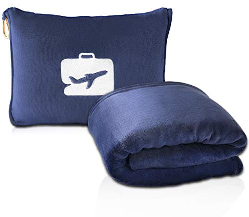 EverSnug Reisedecke und -Kissen - hochwertige, weiche 2-in-1-Flugzeugdecke mit weichem Kopfkissenbezug, Handgepäckgurt, und Rucksackclip (Marineblau)