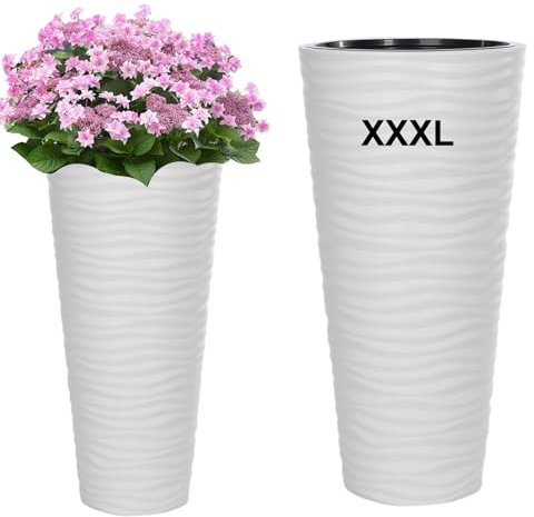 MELTOM Pflanzkübel Slim Rund 3D Effekt - Wellen - Farbe: Weiß mit Herausnehmbaren Einsatz, DxH: 40 x 79 cm, Hoch