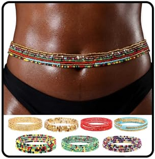 ELABEST African Waist Beads Chain Layered Belly Body Chain Beach 7Pack Waist Jewelry Body Accessories for Women (31.5inch/80cm)