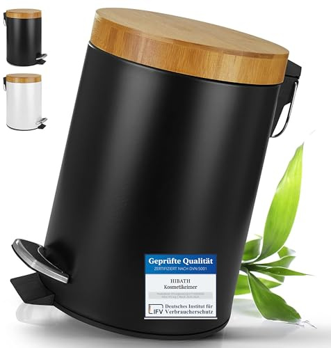 HIBATH® Sminkhink i rostfritt stål med bambulock (5 liter, svart) – badrumsavfallsbehållare med automatisk sänkning – praktisk papperskorg – WC-pedalhink