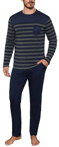 Aseniza Pyjama Homme Hiver Ensembles de Pyjama Coton à Chauds Manches Longues Col Rond Rayé Vêtements De Nuit Tenues de Nuit Vêtements de Détente Doux Loungewear Confortable