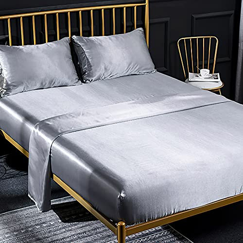 Jemiipee Juego de Sabanas de Cama Raso Color Sólido, 1 x Sábana Bajera Ajustable 150x200 cm con 35 Bolsillo Profundo, 1 x Encimera y 2 x Fundas de Almohada, Plata