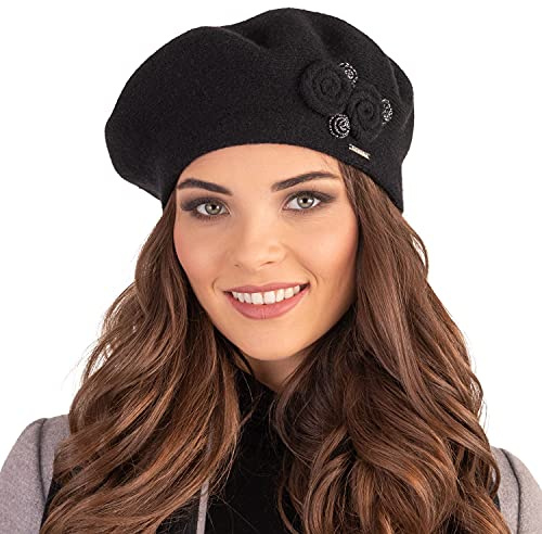 VIVISENCE Baskenmütze Damen Winter Elegante Mit Klassischem Herbst Frauen Mütze Schnitt Warmer Wollmischung Floraler Applikation Perfekter Passform Ideal Für Kalte Tage Modell 7037