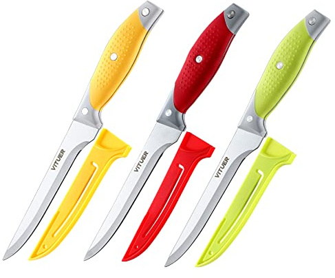VITUER Boning Knife, 6PCS Fillet Knives (3PCS Filet Knives and 3PCS Knife Cover), 6 Inch Curved Boning Knife for Meat, Fish, Poultry, Cutting, Trimming, German Steel, PP Handle