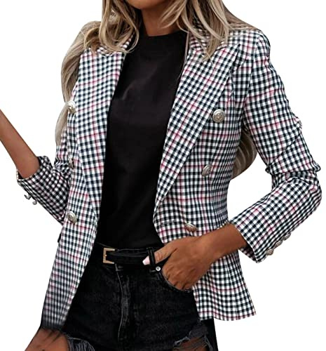Chaqueta Corta Casual de Negocios de Oficina de Trabajo para Mujer Blazer Corto Informal Chaqueta Mujer Cuadros Degradados Vestir Casual Elegante Básica Blazer Traje Manga Larga(D Blanco,S)