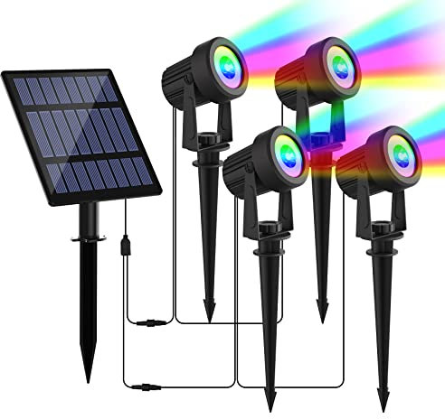 NATPOW RGB Solar Spot Lights Outdoor Garden, Dusk-to-Dawn Outdoor Light, 4-in-1 Stake Lights Color Changing Waterproof, Auto ON/Off Landscape Lighting for Driveway Christmas, Halloween