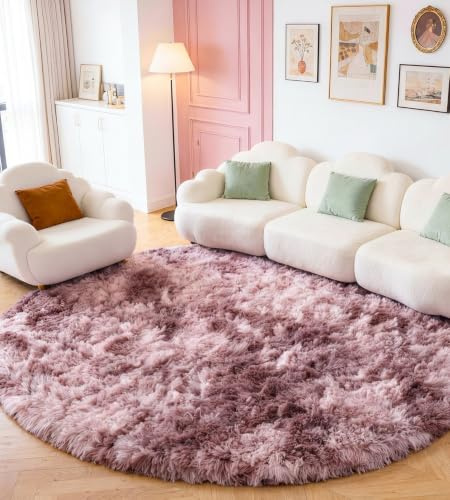 ROHATIM Teppich Rund 100 cm Lila-rosa Waschbar Rutschfester Runder Hochflorteppich Wohnzimmer Kinderzimmer Schlafzimmer Flauschig