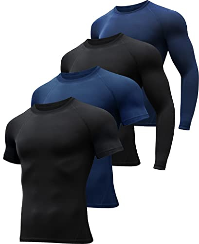 HOPLYNN 4 Pack Workout Compression Shirts Men Long/Short Sleeve Rash Guard Athletic Undershirt Gear T Shirt for Sports 2 Black 2 Blue M