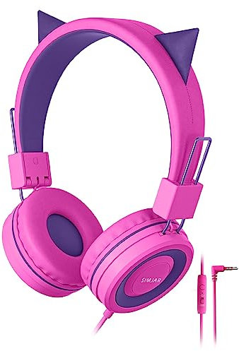 SIMJAR Casque Filaire avec Oreilles de Chat pour Enfants avec Microphone pour l'école,Casque Filaire pour Filles avec Design Pliable pour Apprendre en Ligne, Tablette/iPad