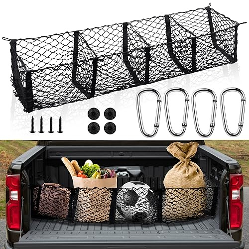 Cargo Net for Pickup Truck Bed 59 ×11.8 inch Adjustable Elastic Mesh Car Rear Storage Organizer with 4 Carabiners Accessories, Heavy Duty Cargo Netting for Pickup, Truck, SUV