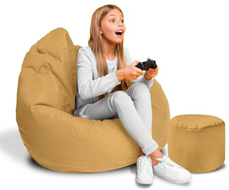 DreamRoots Sitzsack für Kinder und Erwachsene - Sitzsack mit Füllung, Lehne, Hocker und Bezug - Oxford Stoff 220 gr/m2 Wasserdicht - Sitzkissen Boden - Chill Sack S, Beige