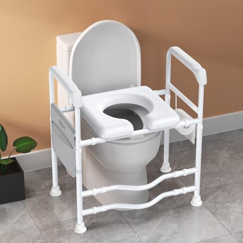 Rzipid Sedile WC rialzato con manici, imbottitura spessa, rialzi per sedile WC, con porta carta e borsa portaoggetti, regolabile fino a 136 kg, sedia da doccia per anziani, disabili e in gravidanza