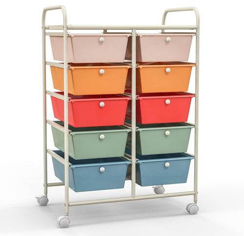 KOMFOTTEU Carro con 10 Cajones Apilable de Almacenaje, Carrito Auxiliar con Ruedas de Bloqueo, Carrito Organizador con Estructura Metálica, para Oficina, Baño, Salón (10 Cajones, Multicolor)