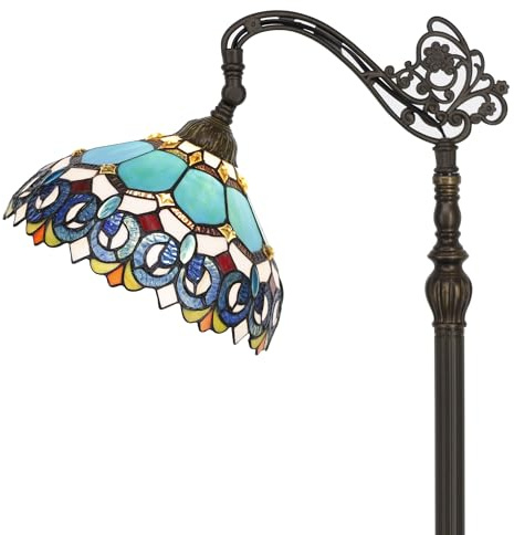 ZJART Tiffany Floor Lamp Stained Glass Lamp 18.88X12X67 Inch Angle Adjustable Arched Gooseneck Antique Reading Light (Blue Jewelry Baroque)