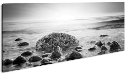 Bella spiaggia rocciosa panoramica, 80 x 40 cm, effetto: bianco e nero, stampa digitale di alta qualità con cornice