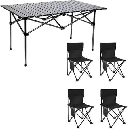 Klappbarer Campingtisch und Stühle im 4er-Set, tragbarer, Leichter Picknicktisch mit Tragetasche und aufrollbarer Aluminium-Tischplatte, für den Einsatz im Innen- und Außenbereich