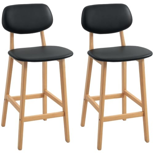 HOMCOM Set 2 Sgabelli da Bar con Schienale e Rivestimento in Finta Pelle, Sgabelli Cucina Alti con Gambe in Legno e Poggiapiedi, 42x47x92cm, Nero
