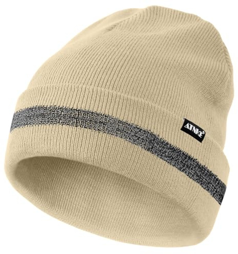 ATNKE Reflekterande mössor säkerhet hög synlighet vinter termisk stickad mössa med reflekterande rand lämplig utomhusarbete sport, BEIgE, one size