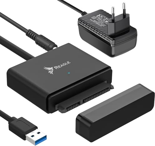 Reagle USB 3.2 auf SATA Adapter für HDD SSD 2,5 3,5 Zoll, 5Gbps, bis 12TB, HDD/SSD, SATA I/II/III, Plug & Play, ON/Off Schalter, Netzteil 12V 2A für Windows Mac OS