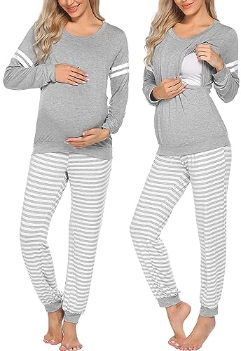 Ekouaer Maternity Pajama Set Nursing Pjs Women Breastfeeding Pregnancy Postpartum Clothes Long Sleeve Top & Pant with Pockets Light Grey