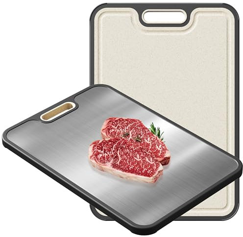 CPOTAM Cutting Board for Kitchen 304 Stainless Steel Chopping Boards Double Sided Food-Grade Wheat Straw, Non Toxic Chopping Board for Meat and Vegetables, Dishwasher Safe