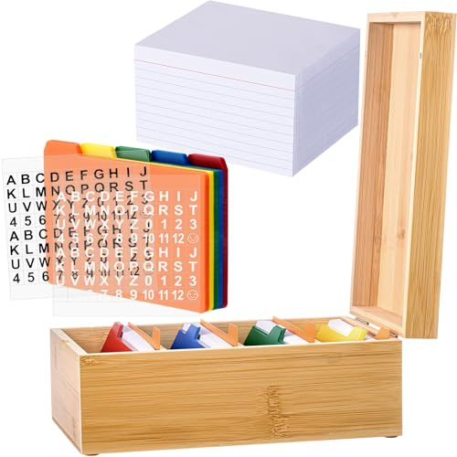Henoyso Index Card Holder Set 3 x 5 Inches Bamboo Recipe Box Organizer Index Cards Organizer 600 Pcs Note 30 Pcs Dividers 2 Sheets Stickers File Note Box for Office Business Desk Home Kitchen