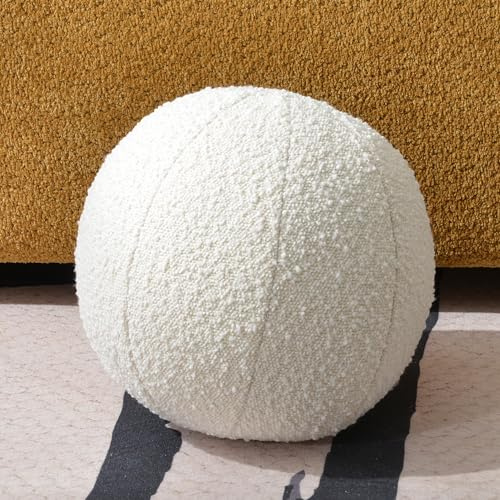 KINWELL 12 inch Boucle Ball Throw Pillow Nordic Round Toss Pillow Detachable Sphere Shaped Decorative Pillow for Couch, Sofa, Bedroom (Cream, 12 inch)