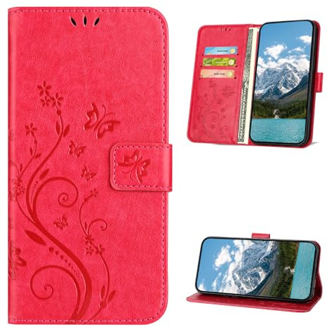XINQCASE Handyhülle für iPhone 12 Mini Hülle, PU Leder Prägung Klapphülle Mit Kartenfach, Flip Case Schutzhülle für iPhone 12 Mini, Rot