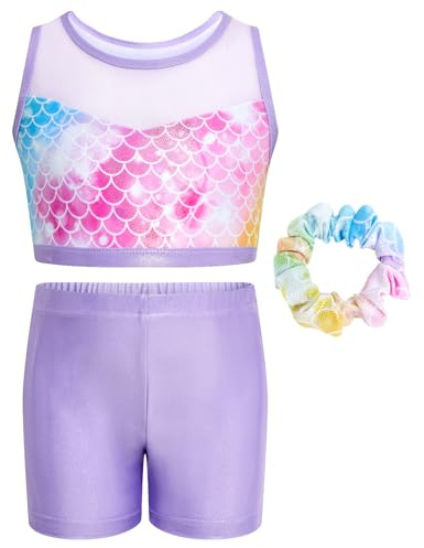 JiAmy Justaucorps de gymnastique deux pièces pour filles – Biketards de danse scintillants avec short – Tenue de ballet et culbutage pour fille de 3 à 12 ans, Écailles de poisson Violet, 6-7 ans