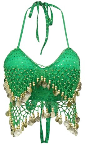Damen Bauchtanz Crop Top Pailletten-top Quasten Oberteil BH Frauen Paillett Neckholder Weste Bustier Kostüm Tanzaufführung BH für Bauchtanz, Latin Dance, Party Club