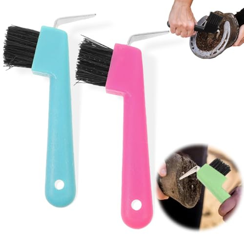 MIRKUZI Hoof Care for Horses 2 Pieces Horse Hoof Brush, 2 in 1 Hoof Scraper, Horse Grooming Accessories, Hoof Scraper with Non-Slip Handle, Horse Grooming Tools, Cleaning Hoof Random Colors