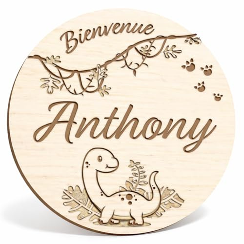 Carte bienvenue bébé oeuf dinosaure en bois, texte & prénom personnalisable, panneau pour la séance photo de naissance, thème dinos et jungle, tricératops, idée cadeau, souvenir