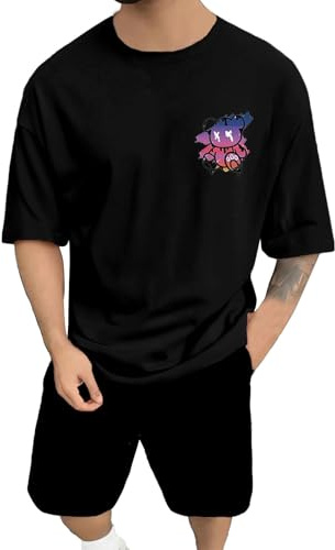 Noir Avec T-shirt Homme Été Oversize T-shirt Col Rond Manches Courtes Lâche T-shirt Dos Imprimé Vintage Haut Surdimensionné Sport Décontracté Streetwear Mode Costume Ballet Costume Avec, Noir , M