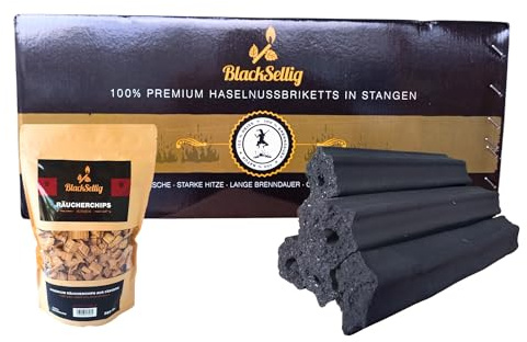 Blacksellig Haselnussbriketts 8kg – Reiner Naturbrennstoff aus der Türkei – wenig Asche, Starke Hitze, Lange Brenndauer – ohne Zusätze + 360g Smokerchips
