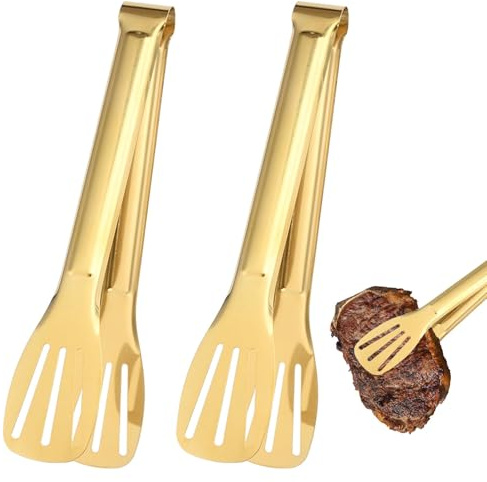 2 PCS Kitchen Tongs,9 Inch Stainless Steel Tongs Set,Gold Kitchen Cooking Tongs,Serving Tongs for BBQ, Pasta, Salad, Cake, Candy Party, Birthday, Wedding