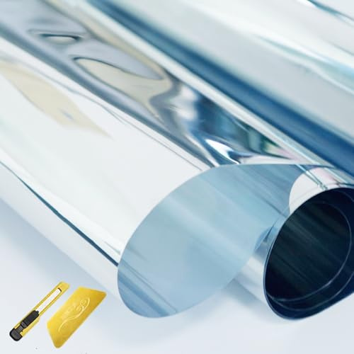 Sonnenschutzfolie Fenster 120 x 220 cm Selbsthaftend Sonnenschutz Anti-Uv Folie, von Innen Durchsichtig von Aussen Blickdicht Blickdichte Fensterfolie für Zuhause Und Büro, Silber