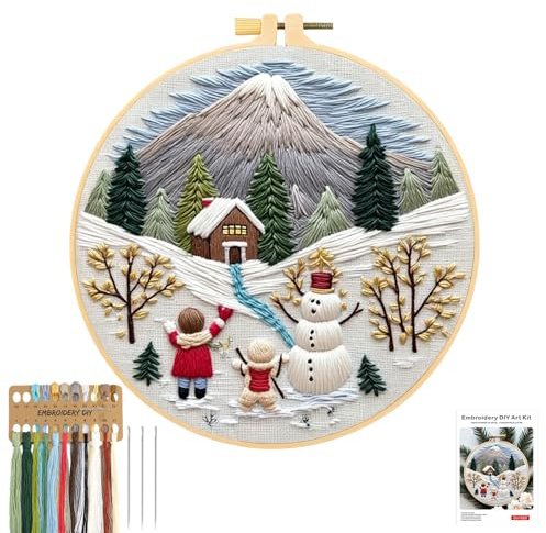 JSRQT Christmas Embroidery Starter Kit,DIY Snowman Scenery Embroidery Stamped Needlepoint Supplies Kit for Adults Beginners,Handmade Sewing Craft Set