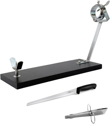 Fackelmann Set Jamonero Giratorio XXL Negro, Madera de Pino Resistente 48x30x17 cm, Base Estable para Jamones Grandes, Incluye Cuchillo Jamonero 34/34 cm y Pinzas para Jamón Acero Inoxidable 11 cm