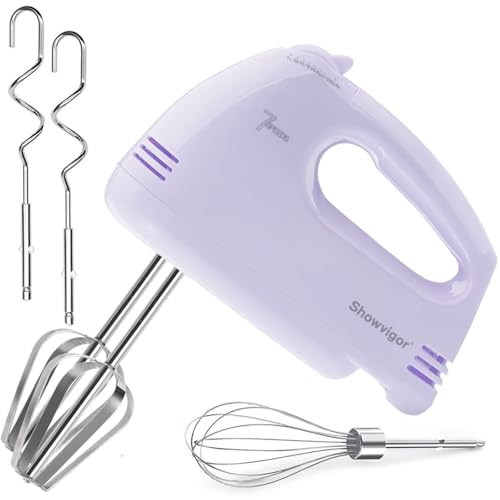 Showvigor 7-Speed Hand Electric Mixer, Stainless Steel Electric Hand Whisk, Electric Whisk Hand Mixer, Portable Handheld Cake Mixer for Cooking & Baking(PURPLE)