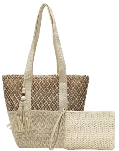 DAVBNM Straw Shoulder Bag, Summer Handbags for Women, Holiday Bags for Women, Straw Tote Beach Bag with Zip, Lightweight Raffia Bags for Travel, Holidays and Shopping
