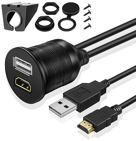TNP USB HDMI Flush Mount Cable - Dashboard Panel Dash Mount USB + HDMI Port Socket Jack Plug Water Resistant Connector Extension Wire Cord for Car Truck Trailer Boat Motorcycle & More (1.8M / 6FT)