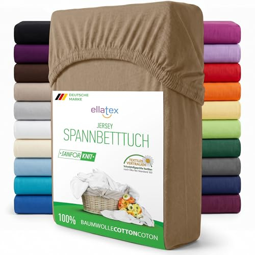 EllaTex Jersey Spannbettlaken 180x200–200x220 extra hoch 40 cm – 100% Baumwolle, für Boxspringbett & Wasserbett, elastisch & strapazierfähig, Farbe: Cappuccino