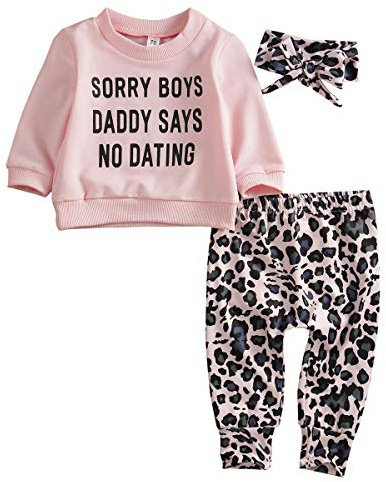 Geagodelia 3tlg Baby Mädchen Kleidung Outfit Set | Neugeborene Babykleidung, Sweatshirt Langarm Top, Leopard Hose, Stirnband, Sorry Boys Daddy Says No Dating, Weiche Babyset
