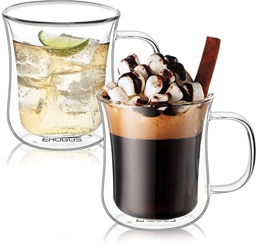 Ehugos Latte macchiato gläser, 350ml Doppelwandige Gläser Set Kaffeeglas aus Borosilikatglas Teegläser mit Henkel, Cappuccinotassen für kalte und heiße Getränke-11 * 9.2cm
