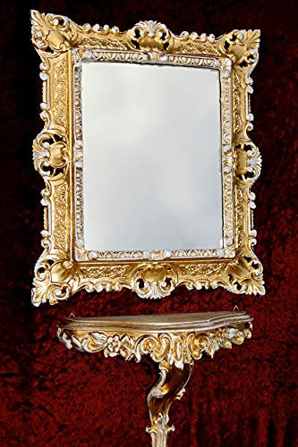 Wandspiegel Gold WEIß mit Konsole Barock Antik 45x38 Flurspiegel Badspiegel mit Ablage Wanddeko Prunkspiegel 3047+3084 Set